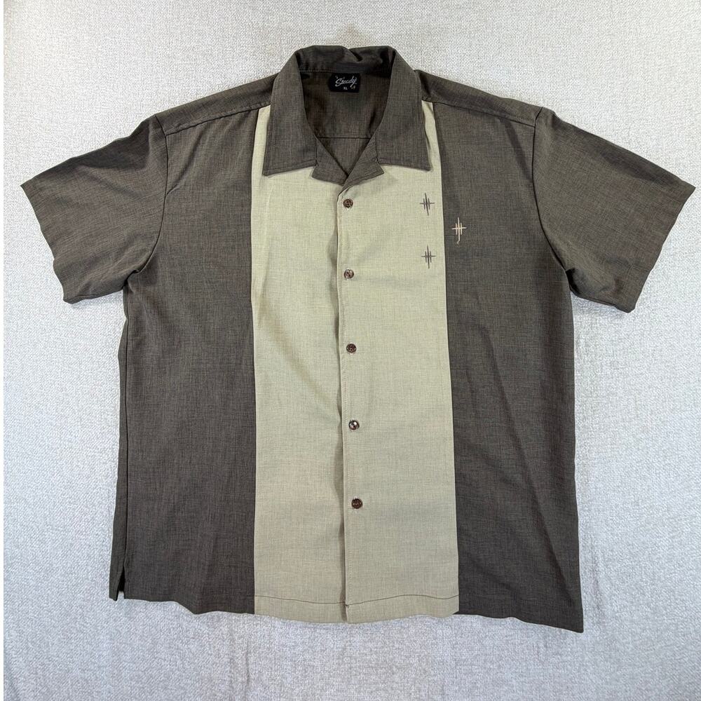 Steady Men's XL Brown Tan Crosshatch Embroidered Short Sleeve Bowling 50s Shirt